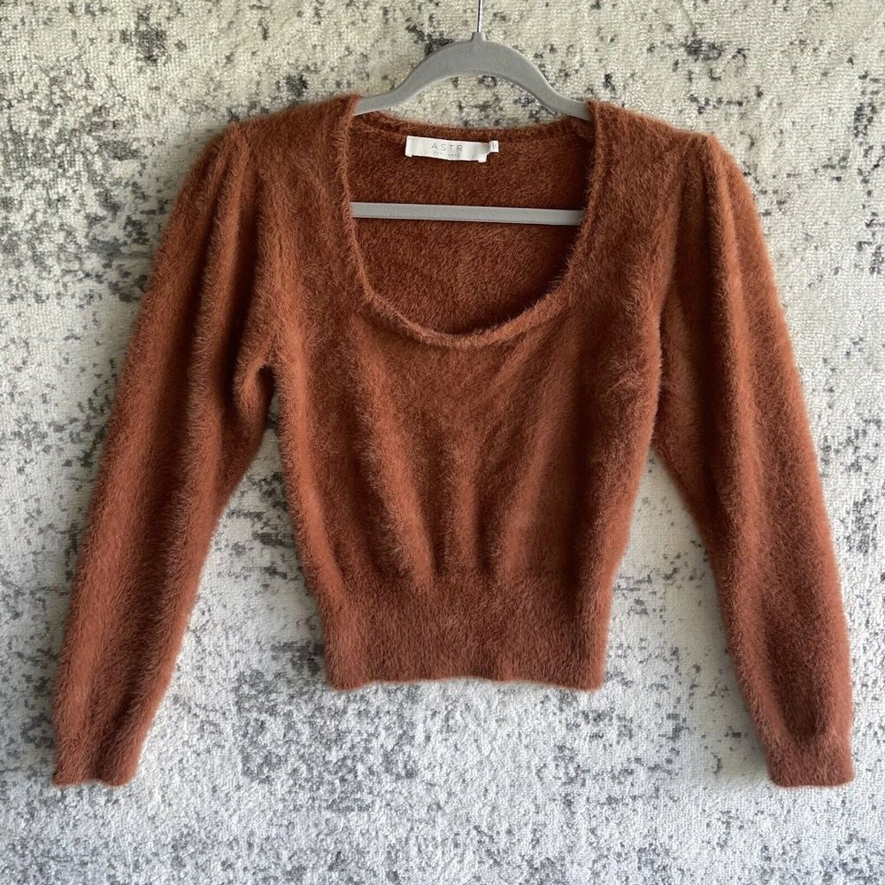 Astr The Label Long Puff Sleeve Scoop Neck Extra Soft Sweater S Terracotta Fuzzy